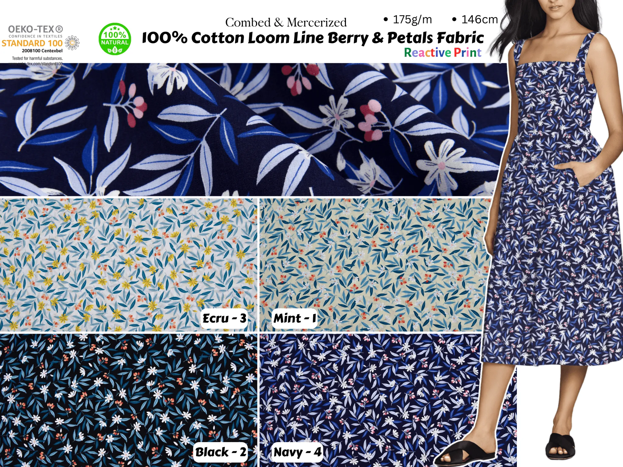 100% Cotton Loom Line Berry & Petals Fabric - 128