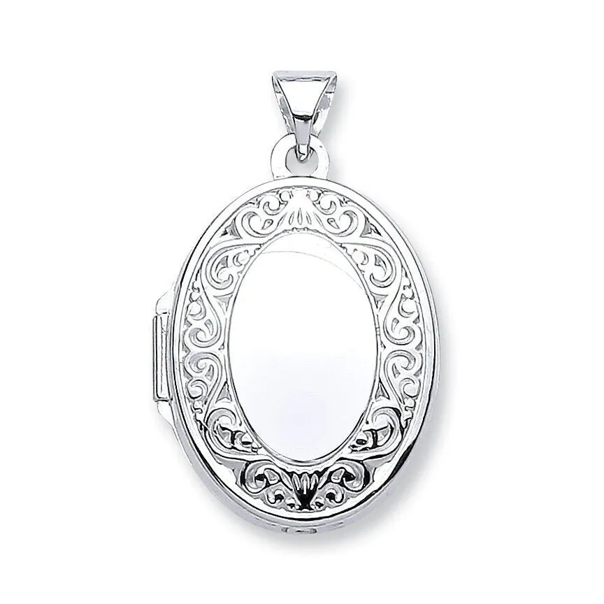 9ct White Gold Women's Oval Locket, Detailed Hand Engraving, 28mm, Chain Options 16" - 20", Gift box included