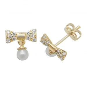 9ct Yellow Gold Zirconia Bow With Dangle Pearl Stud Earrings ES442