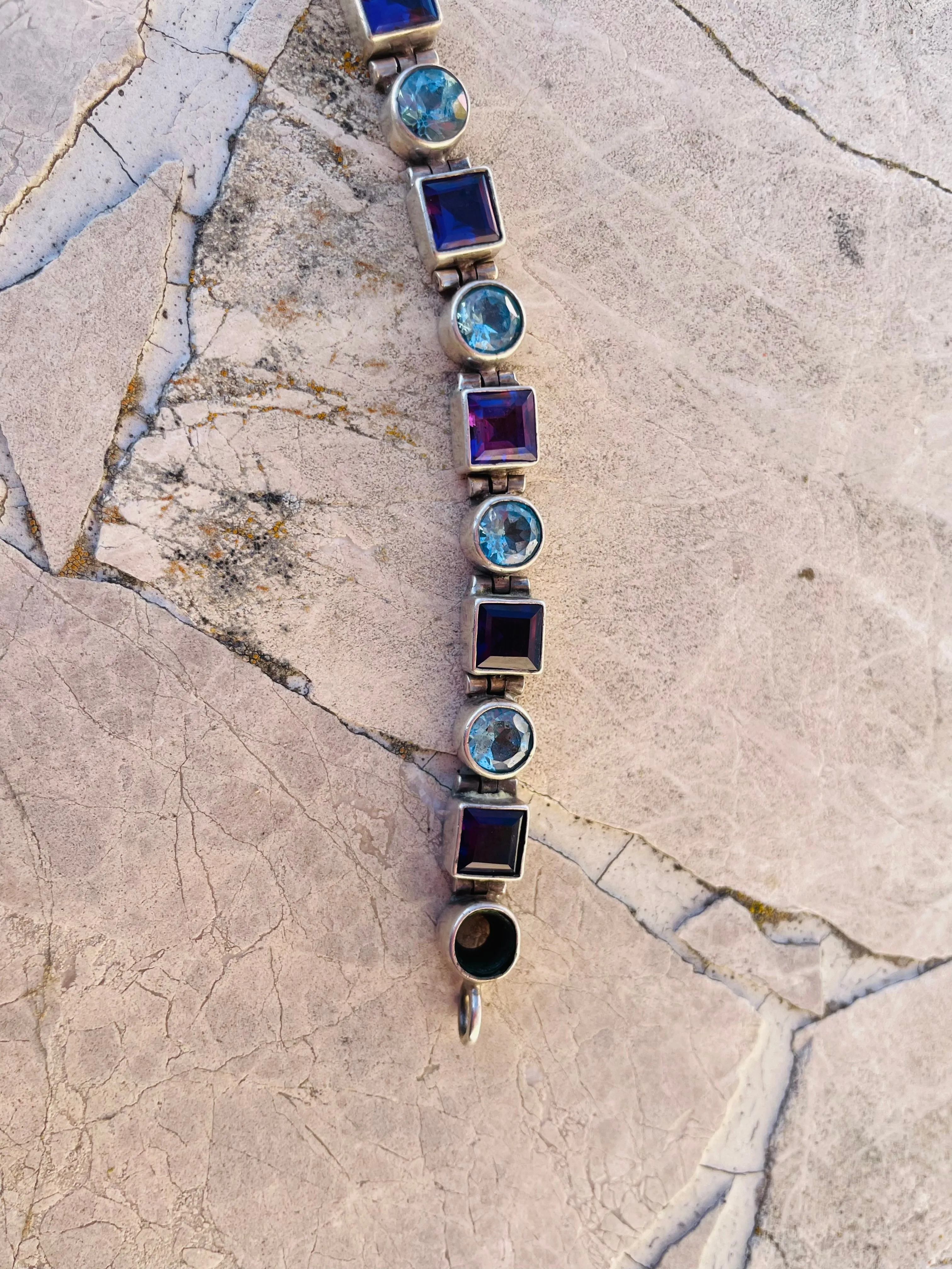 Acleoni Designer Sterling Silver 925 Blue Topaz & Amethyst Stone Bracelet 24.5g