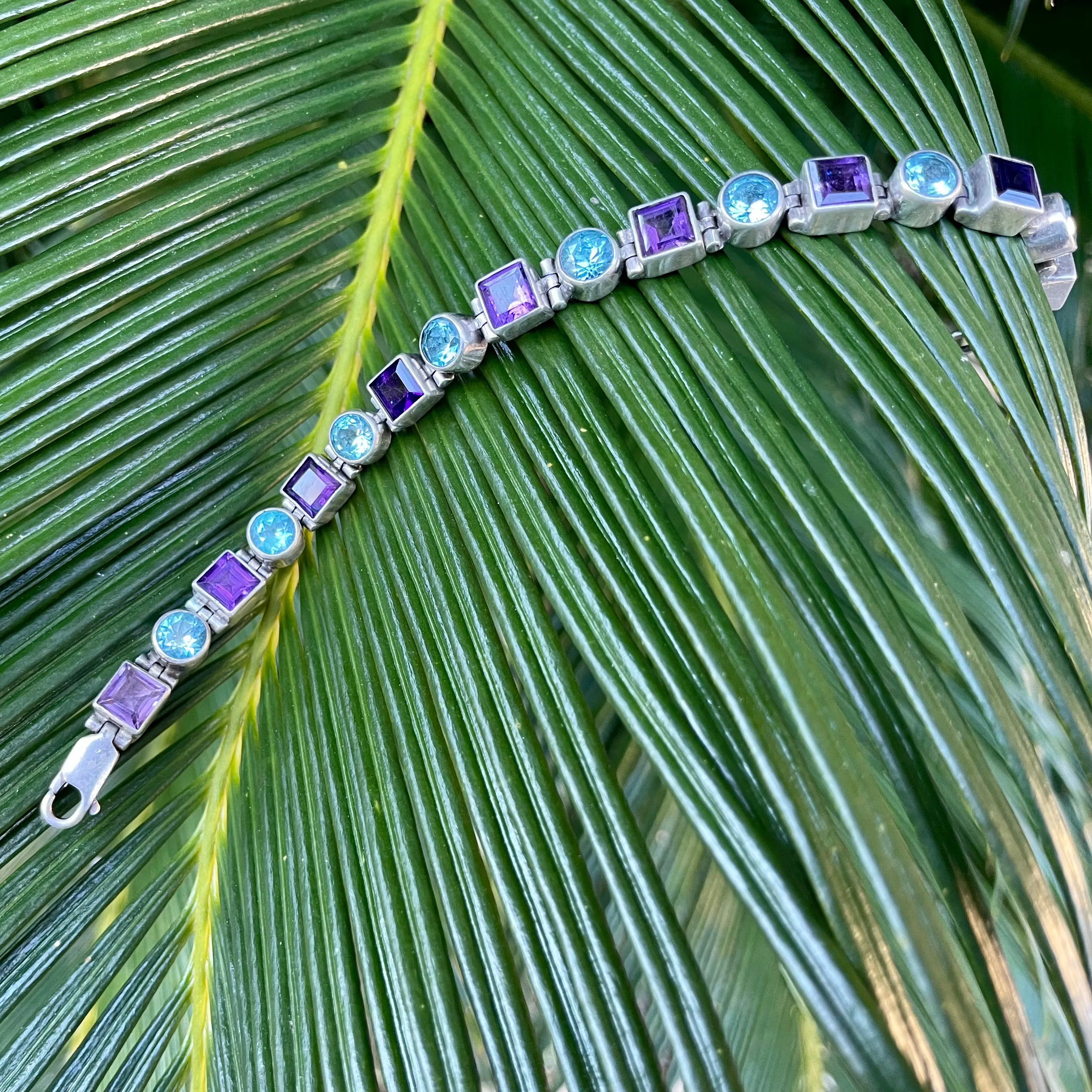 Acleoni Designer Sterling Silver 925 Blue Topaz & Amethyst Stone Bracelet 24.5g