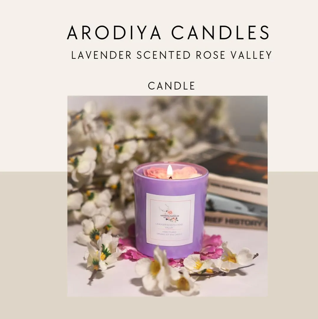 Arodiya Candles Lavender Scented Rose Valley Soy Wax Scented Candle for Women Men Wedding Birthday Christmas Gift Decorative Candle Aromatheraphy Candles Burn Upto 22 Hours (200 Gm)