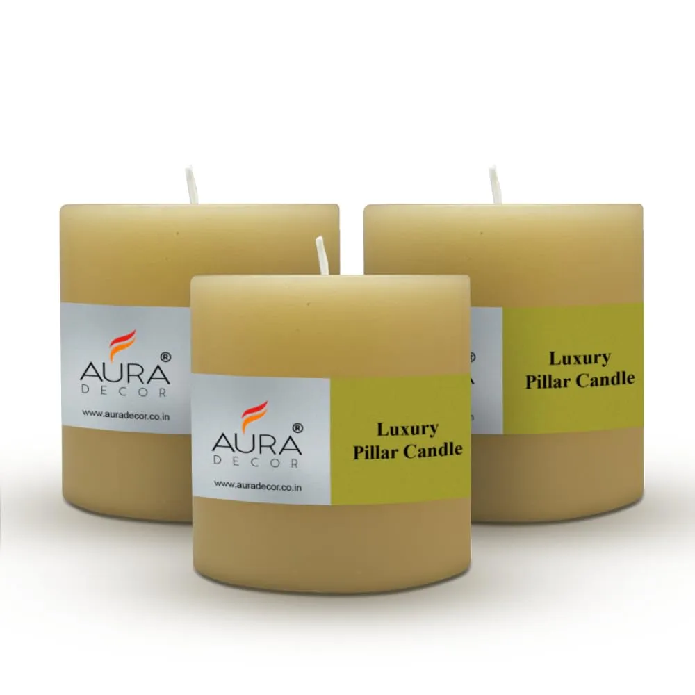 AuraDecor Unscented Pillar Candles Set of 3 | 55 Hrs Each | 3X3 inch Smokeless & Dripless Wax Candles for Home Decor | (Medium, Ivory)