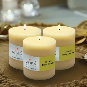 AuraDecor Unscented Pillar Candles Set of 3 | 55 Hrs Each | 3X3 inch Smokeless & Dripless Wax Candles for Home Decor | (Medium, Ivory)