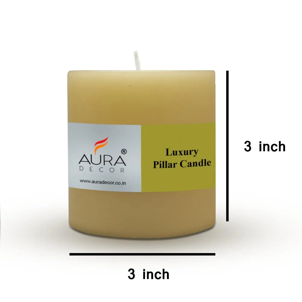 AuraDecor Unscented Pillar Candles Set of 3 | 55 Hrs Each | 3X3 inch Smokeless & Dripless Wax Candles for Home Decor | (Medium, Ivory)