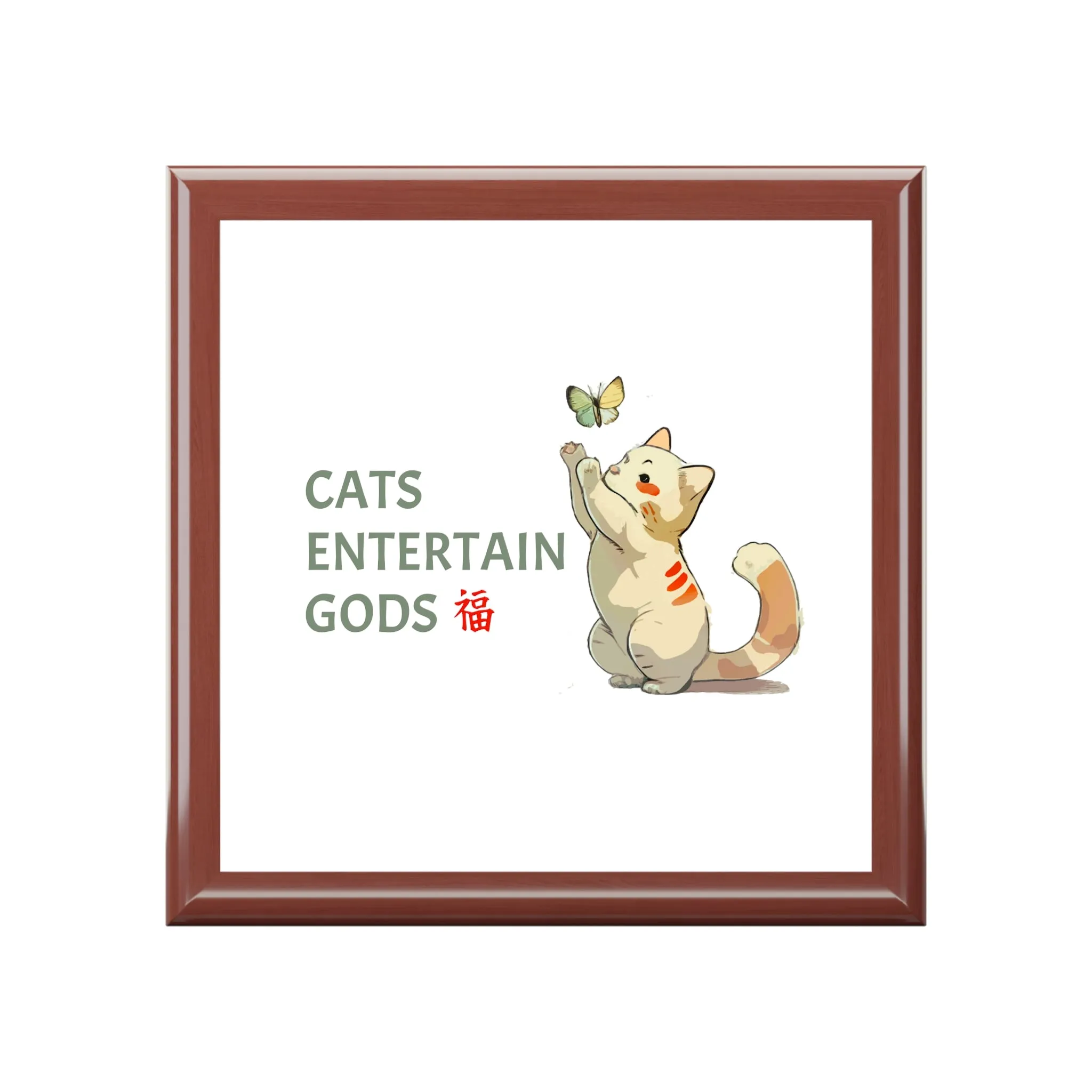 Cats Entertain Gods Keepsake Jewelry Box with Ceramic Tile Cover Beige