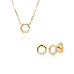 Diamant Pave Hexagon Halskette & Ohrstecker Satz in 9ct Gelb Gold