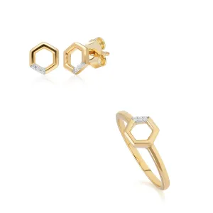 Diamant Pave Hexagon Ohrstecker & Ring Satz in 9ct Gelb Gold