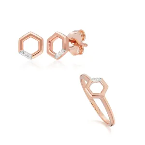 Diamant Pave Hexagon Ohrstecker & Ring Satz in 9ct Rose Gold