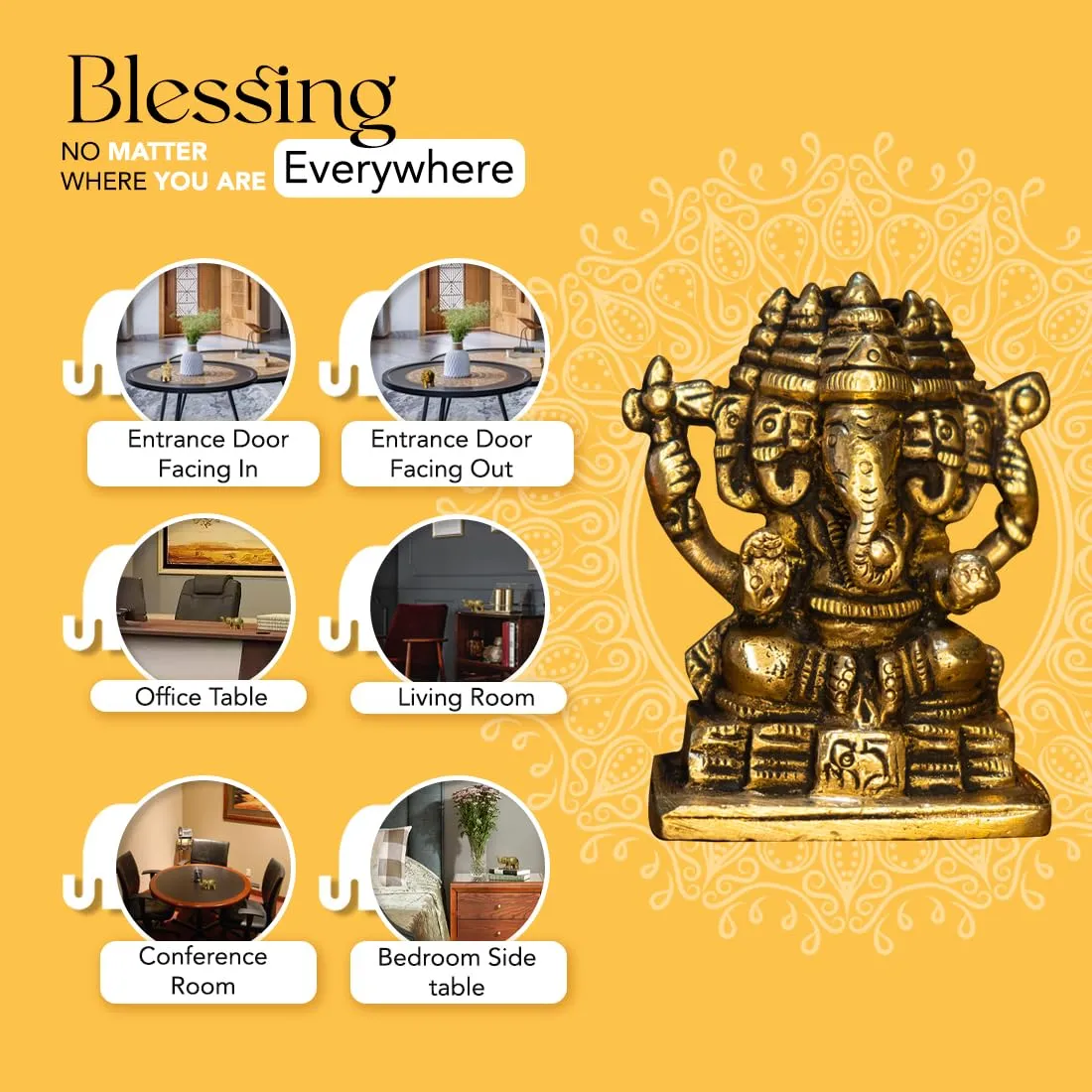 Ekhasa 100% Pure Panchmukhi Brass Ganesha Idol (Size: 7 cm) | Pital Ganesh Murti for Pooja Room, Home Decor, Office Desk and Car Dashboard | Vinayagar Statue for Diwali Puja