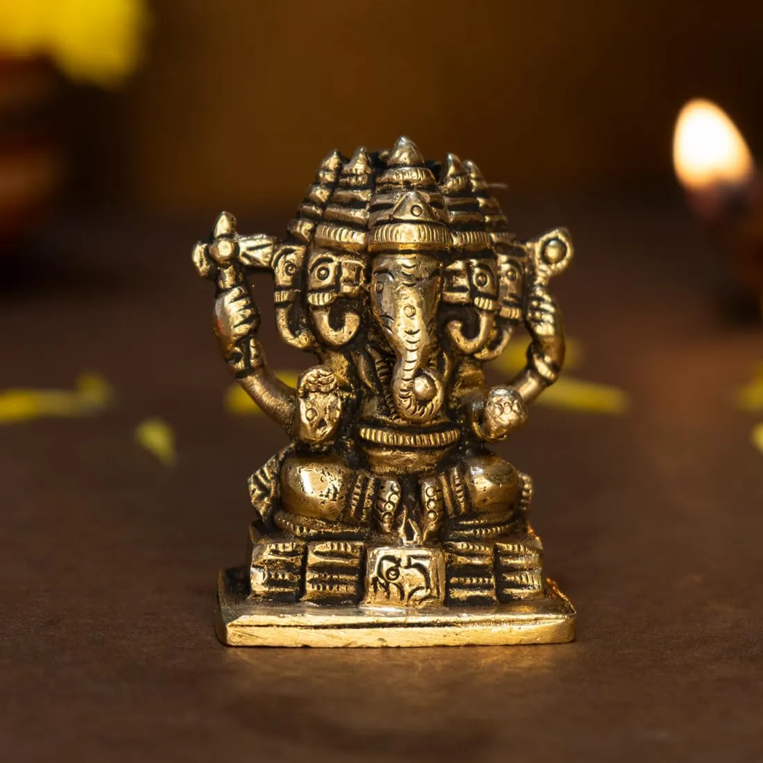 Ekhasa 100% Pure Panchmukhi Brass Ganesha Idol (Size: 7 cm) | Pital Ganesh Murti for Pooja Room, Home Decor, Office Desk and Car Dashboard | Vinayagar Statue for Diwali Puja