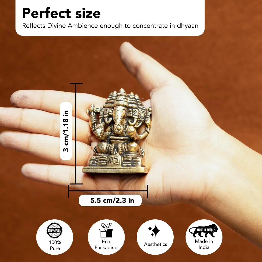 Ekhasa 100% Pure Panchmukhi Brass Ganesha Idol (Size: 7 cm) | Pital Ganesh Murti for Pooja Room, Home Decor, Office Desk and Car Dashboard | Vinayagar Statue for Diwali Puja