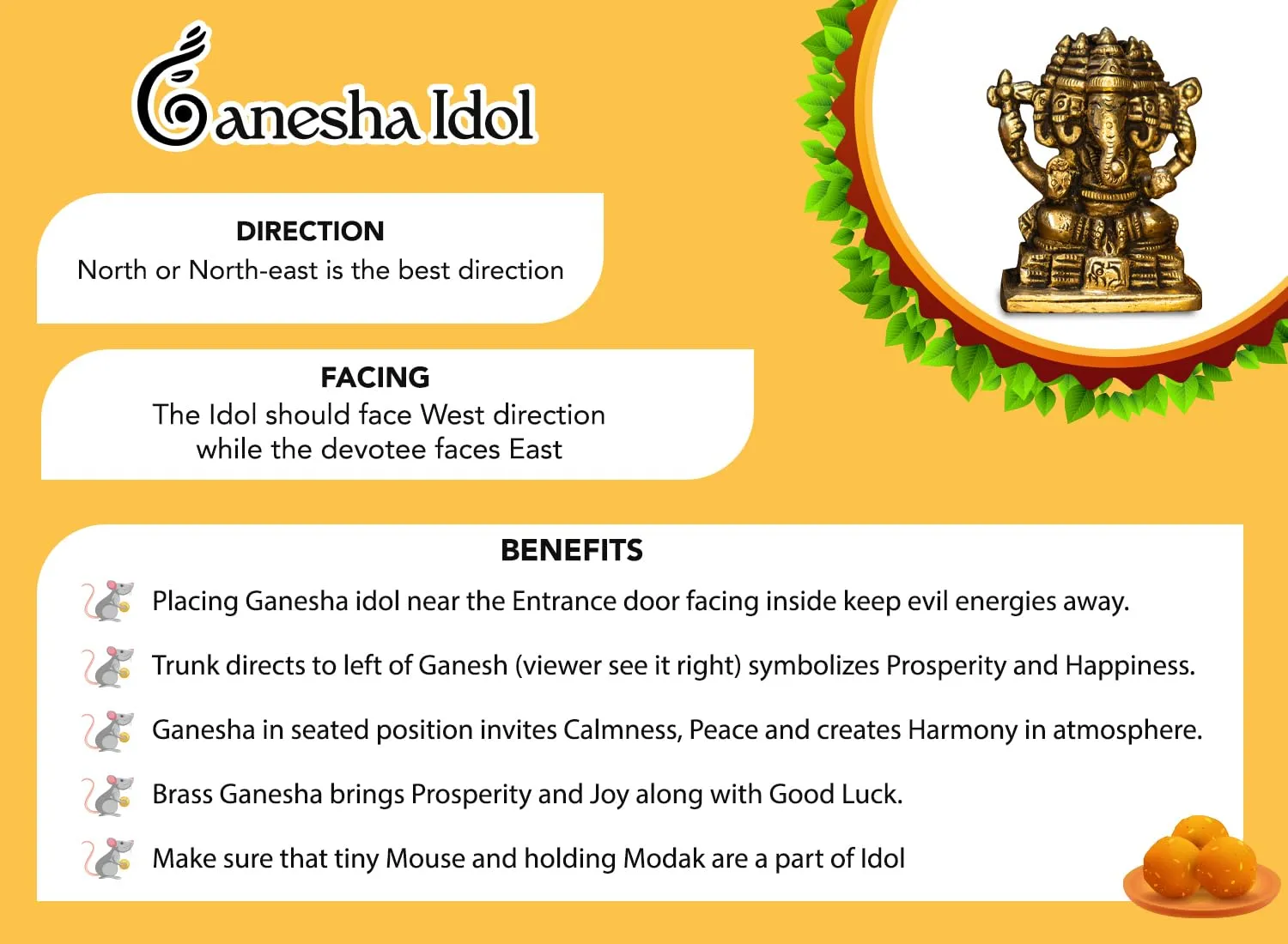 Ekhasa 100% Pure Panchmukhi Brass Ganesha Idol (Size: 7 cm) | Pital Ganesh Murti for Pooja Room, Home Decor, Office Desk and Car Dashboard | Vinayagar Statue for Diwali Puja