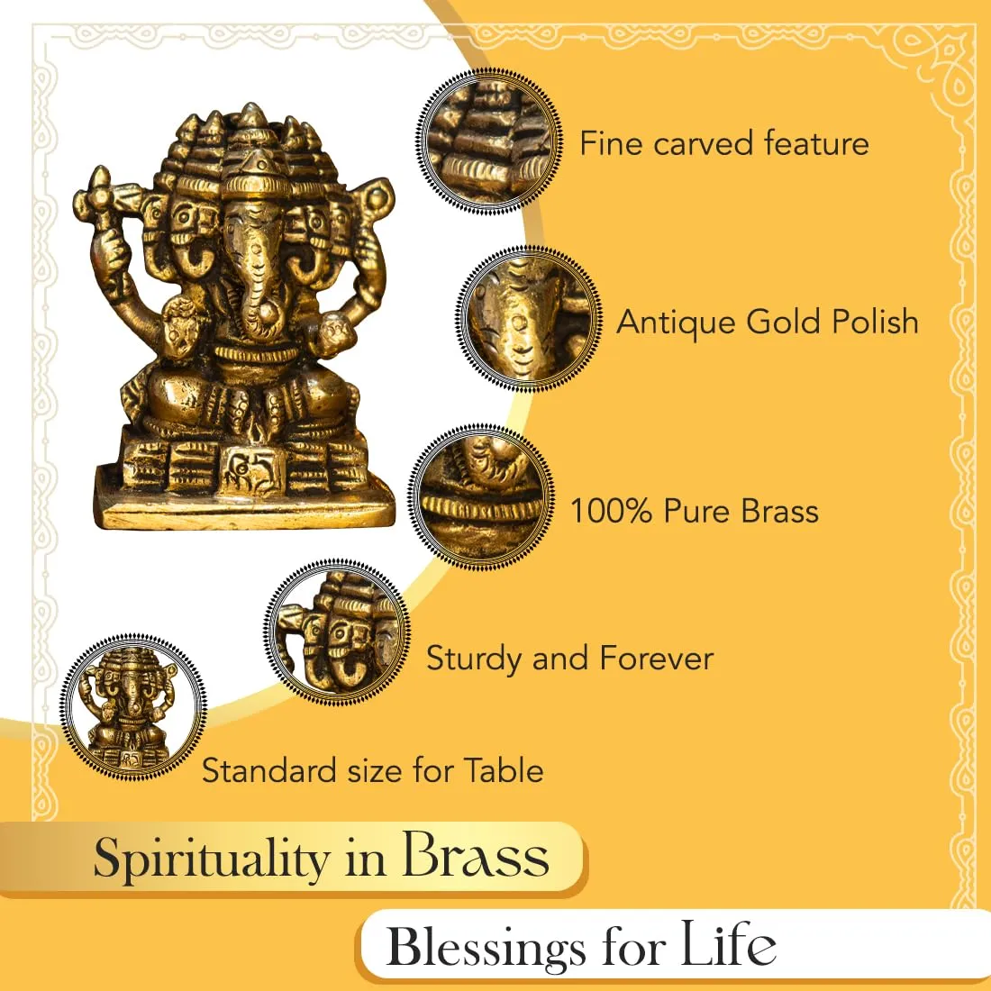 Ekhasa 100% Pure Panchmukhi Brass Ganesha Idol (Size: 7 cm) | Pital Ganesh Murti for Pooja Room, Home Decor, Office Desk and Car Dashboard | Vinayagar Statue for Diwali Puja