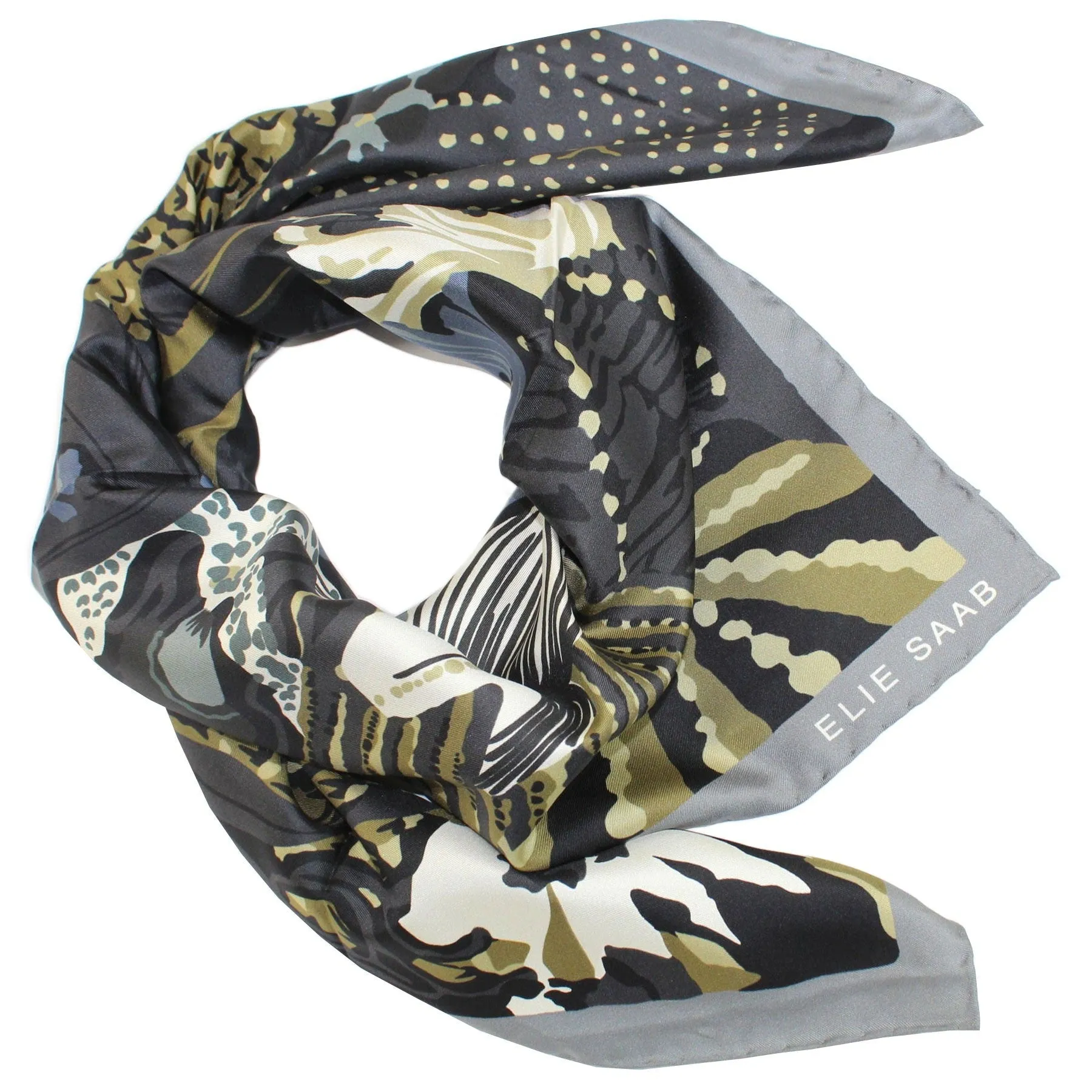 Elie Saab Silk Scarf Gray Green Floral - 36 Inch Square Twill Silk Foulard SALE