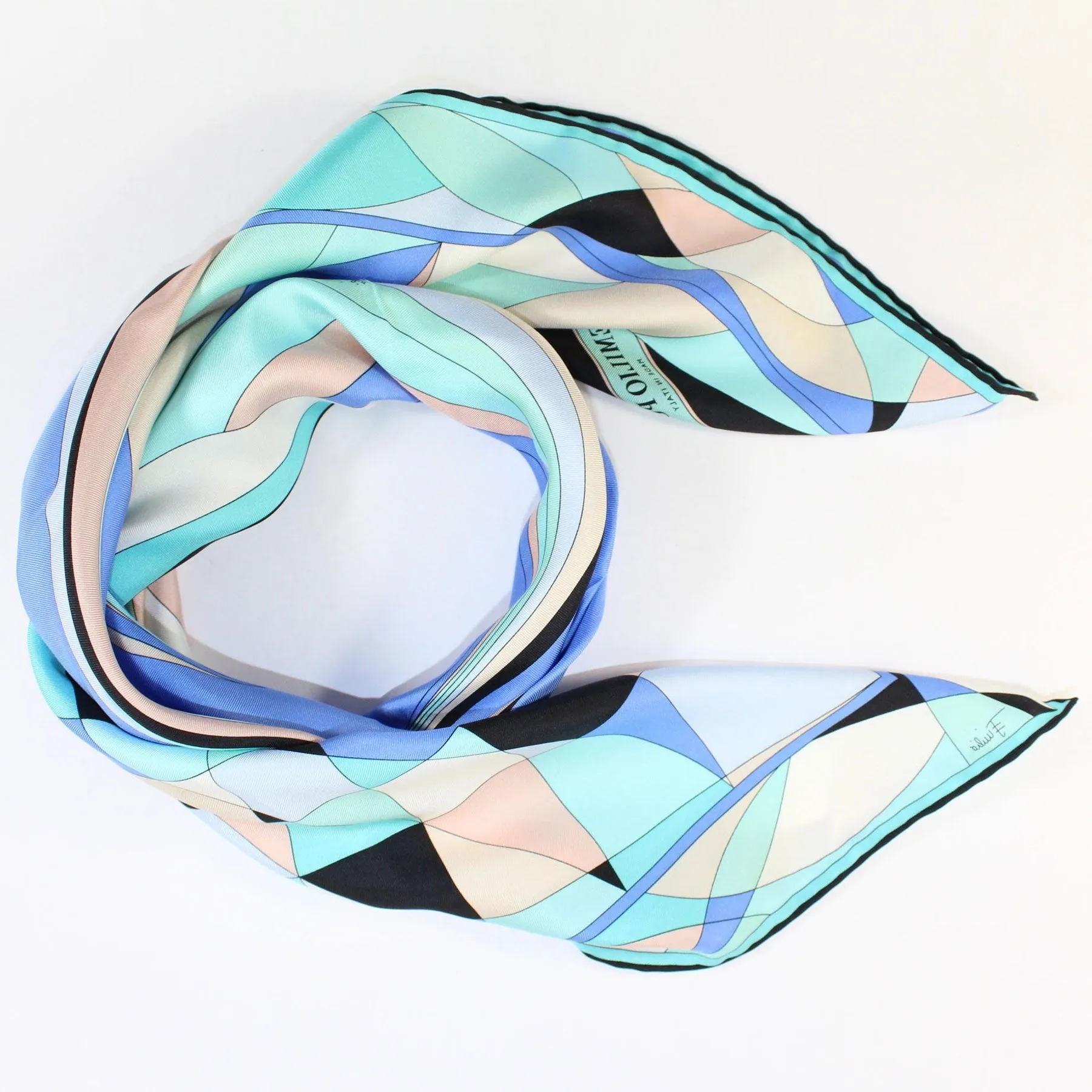 Emilio Pucci Scarf Aqua Black Blue Design - Large Twill Silk Square Scarf