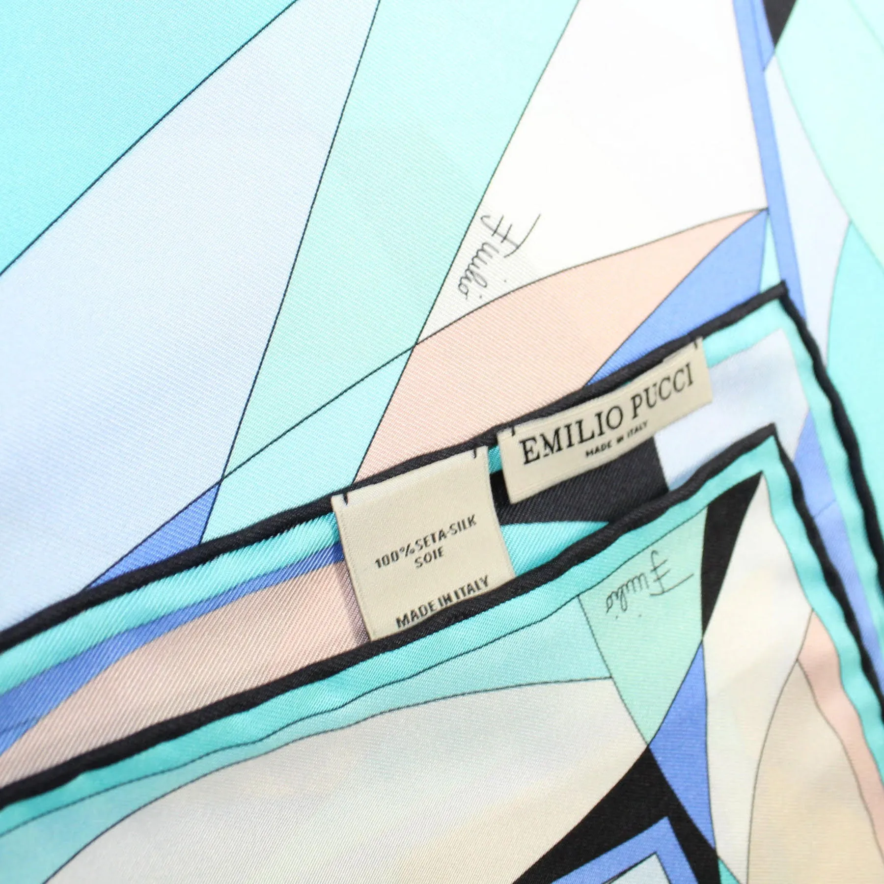 Emilio Pucci Scarf Aqua Black Blue Design - Large Twill Silk Square Scarf