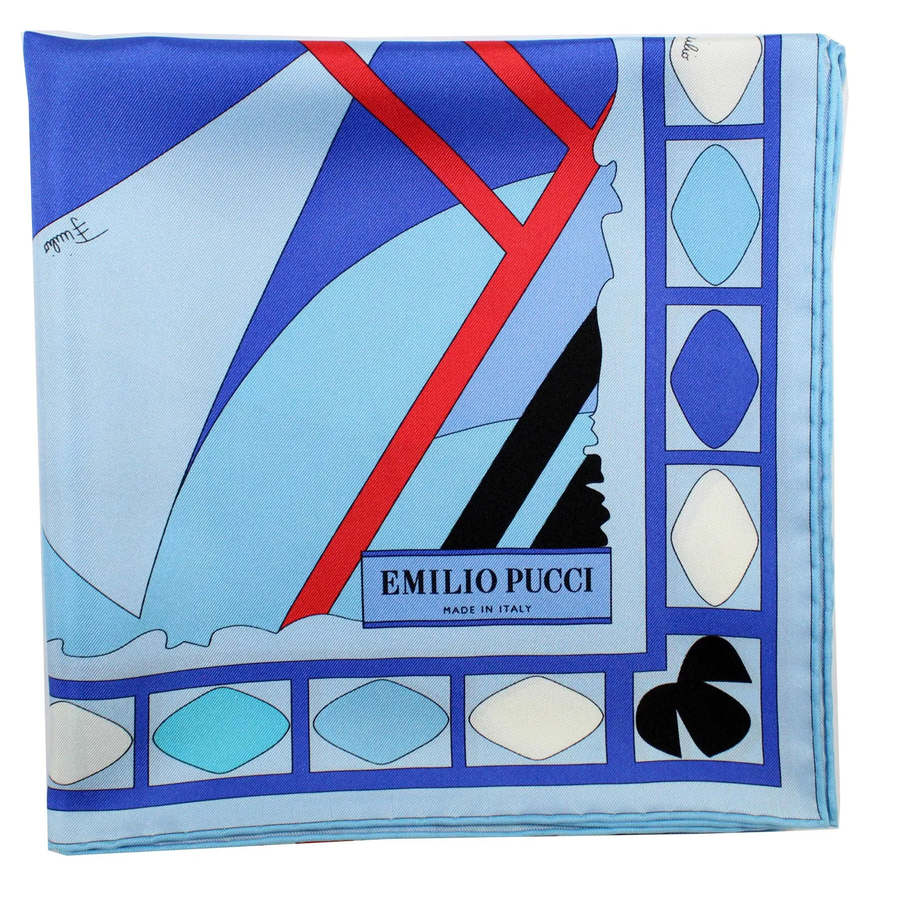 Emilio Pucci Silk Scarf Blue Red Design - Large Twill Silk Square Scarf