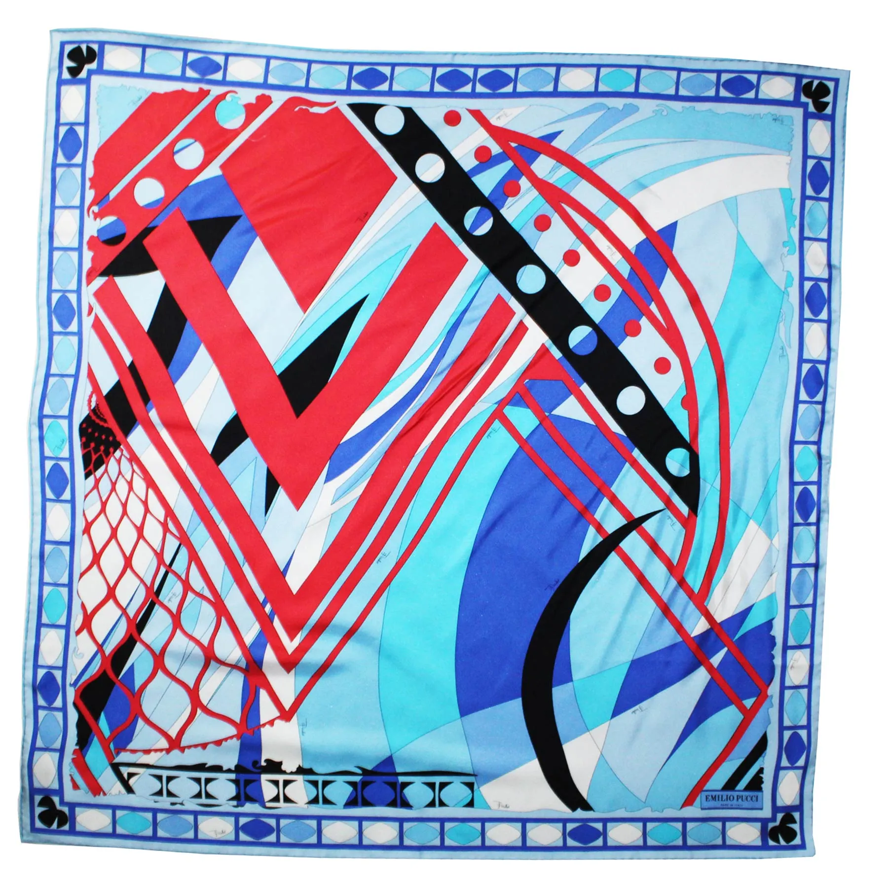 Emilio Pucci Silk Scarf Blue Red Design - Large Twill Silk Square Scarf