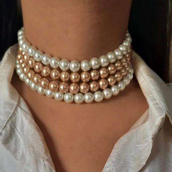 Estele - Romantic White and Gold Four Line Pearl Choker