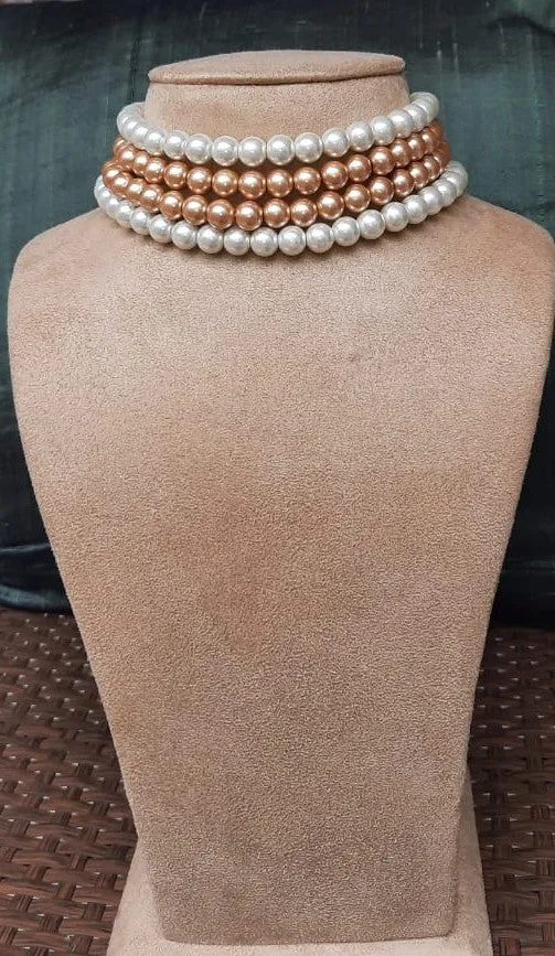 Estele - Romantic White and Gold Four Line Pearl Choker