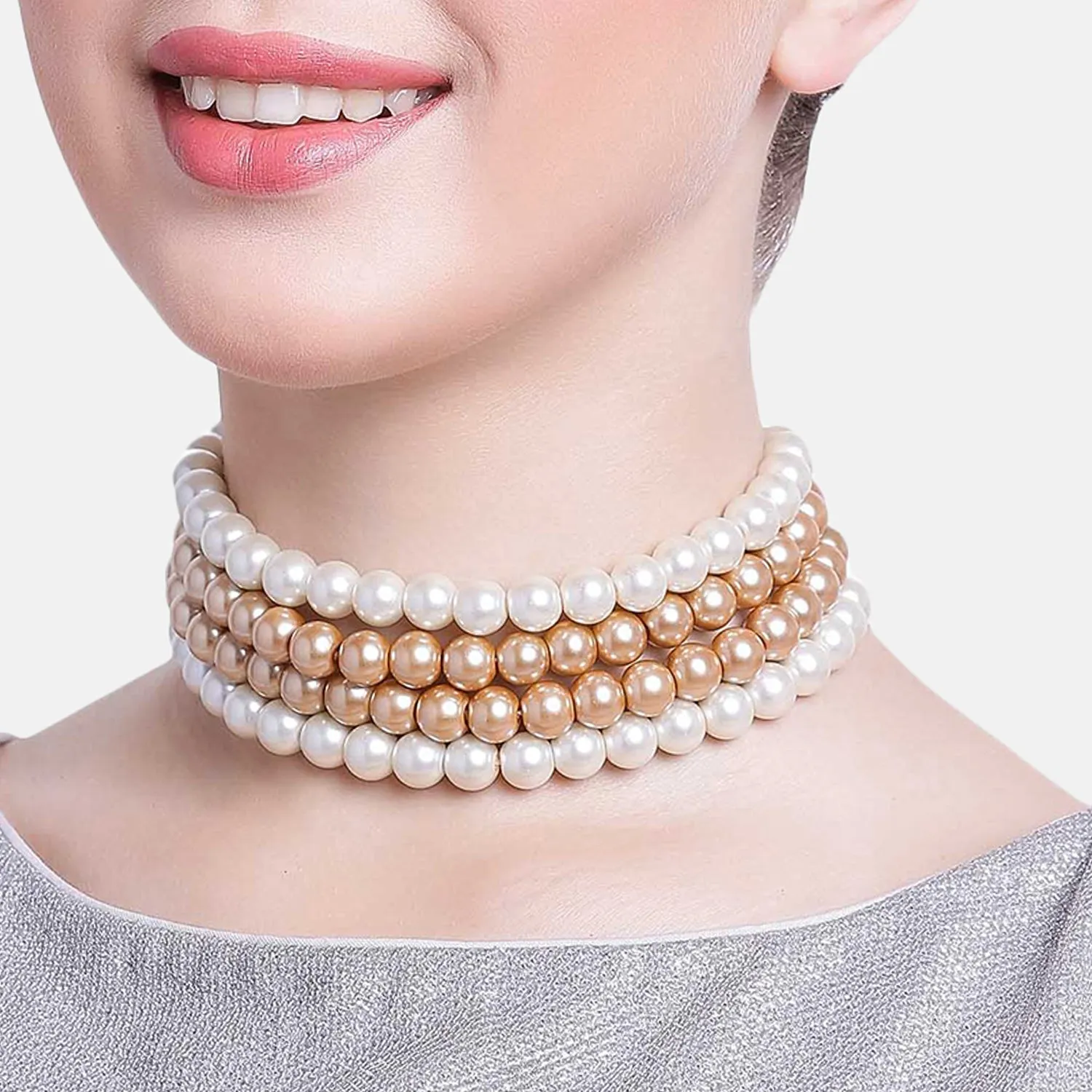 Estele - Romantic White and Gold Four Line Pearl Choker