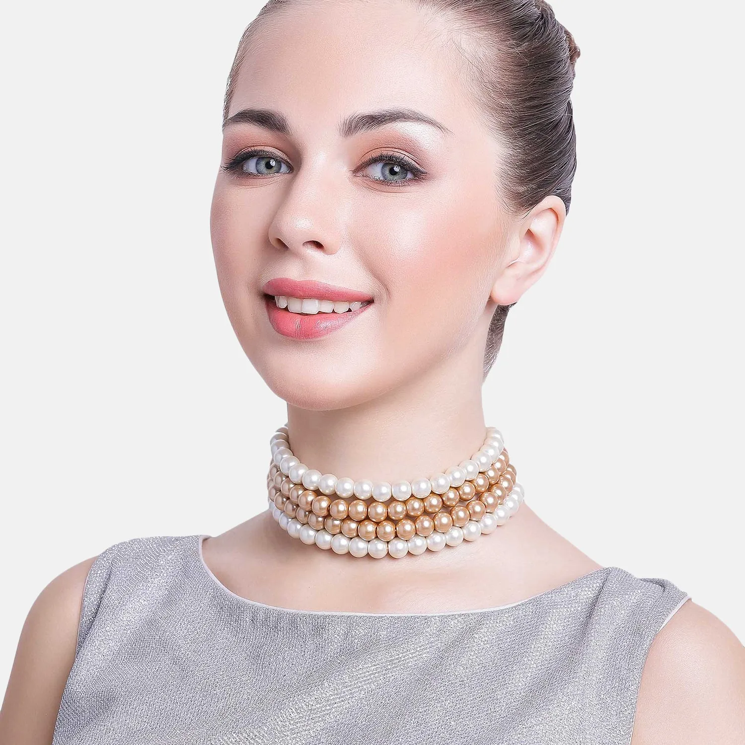 Estele - Romantic White and Gold Four Line Pearl Choker