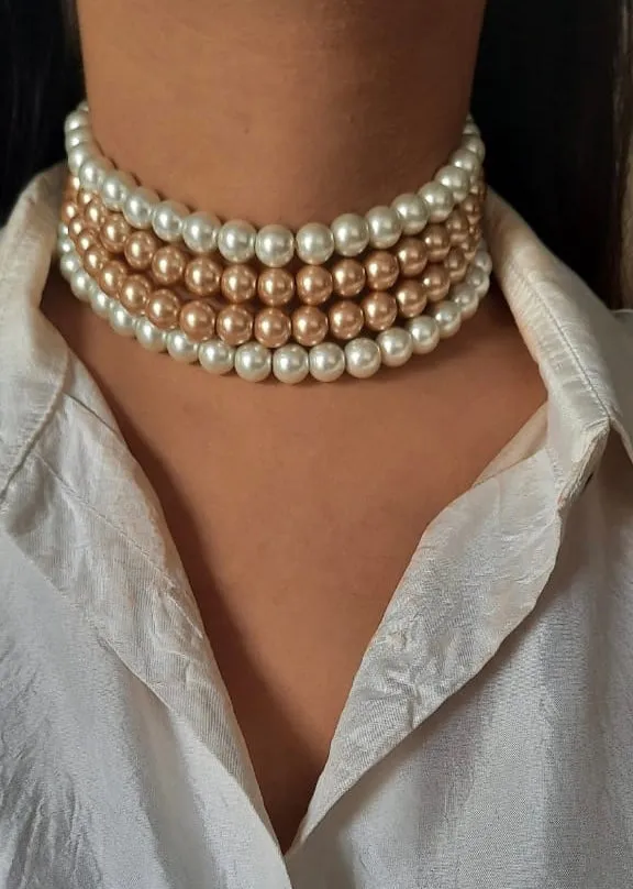 Estele - Romantic White and Gold Four Line Pearl Choker