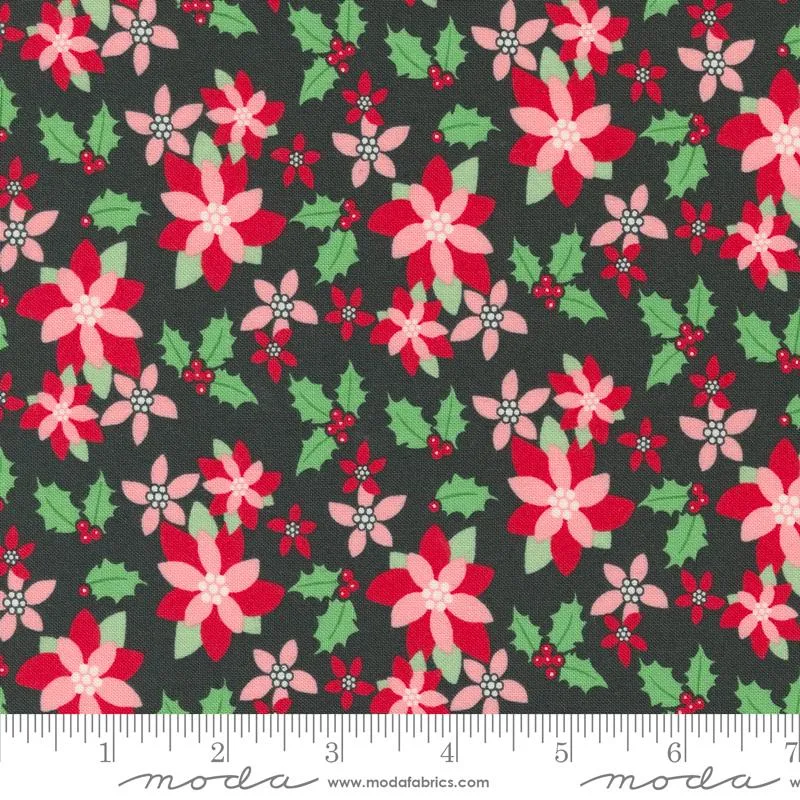 Fabric, Kitty Christmas Poinsettia by Urban Chiks - Black COAL (by the yard)