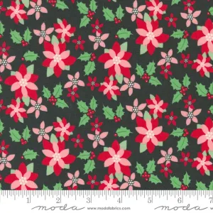 Fabric, Kitty Christmas Poinsettia by Urban Chiks - Black COAL (by the yard)