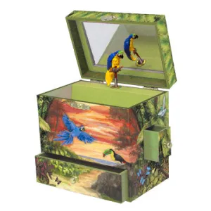 Fanciful Feathers Parrot Musical Jewelry Box - Spins to Hungarian Dance No. 5, 3 Pullout Drawers, Kids Treasure Storage, Gift for Girls