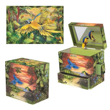 Fanciful Feathers Parrot Musical Jewelry Box - Spins to Hungarian Dance No. 5, 3 Pullout Drawers, Kids Treasure Storage, Gift for Girls