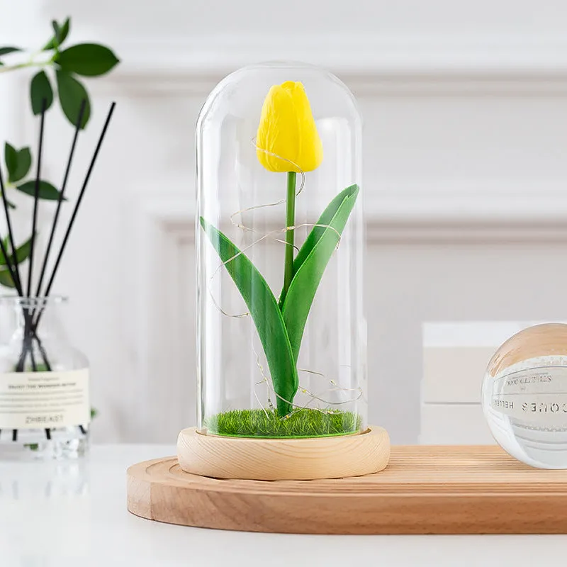 Forever Tulip Artificial Flowers in Glass Dome with Led Light