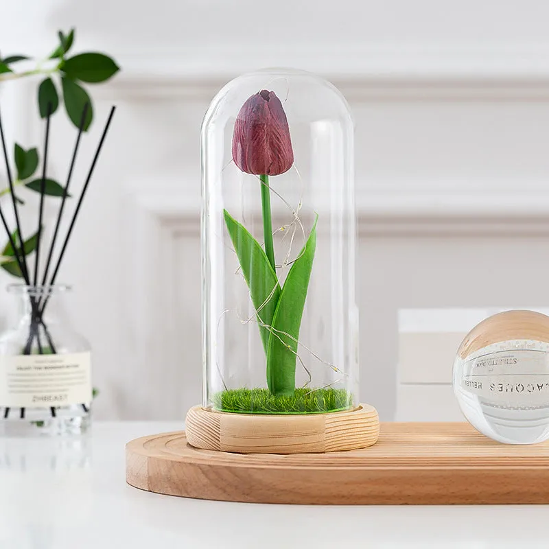 Forever Tulip Artificial Flowers in Glass Dome with Led Light