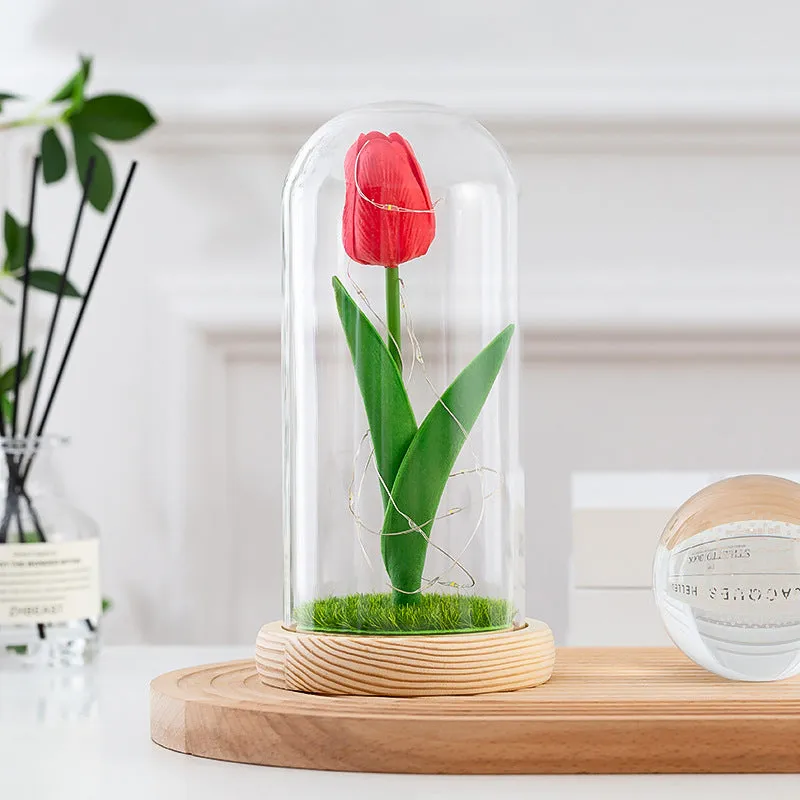 Forever Tulip Artificial Flowers in Glass Dome with Led Light