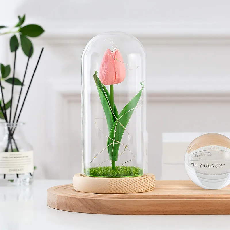 Forever Tulip Artificial Flowers in Glass Dome with Led Light