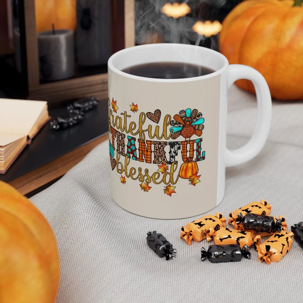 Grateful Thankful Blessed Turkey Mug - Christian Mug - Bible Verse Mugs - Scripture Mugs