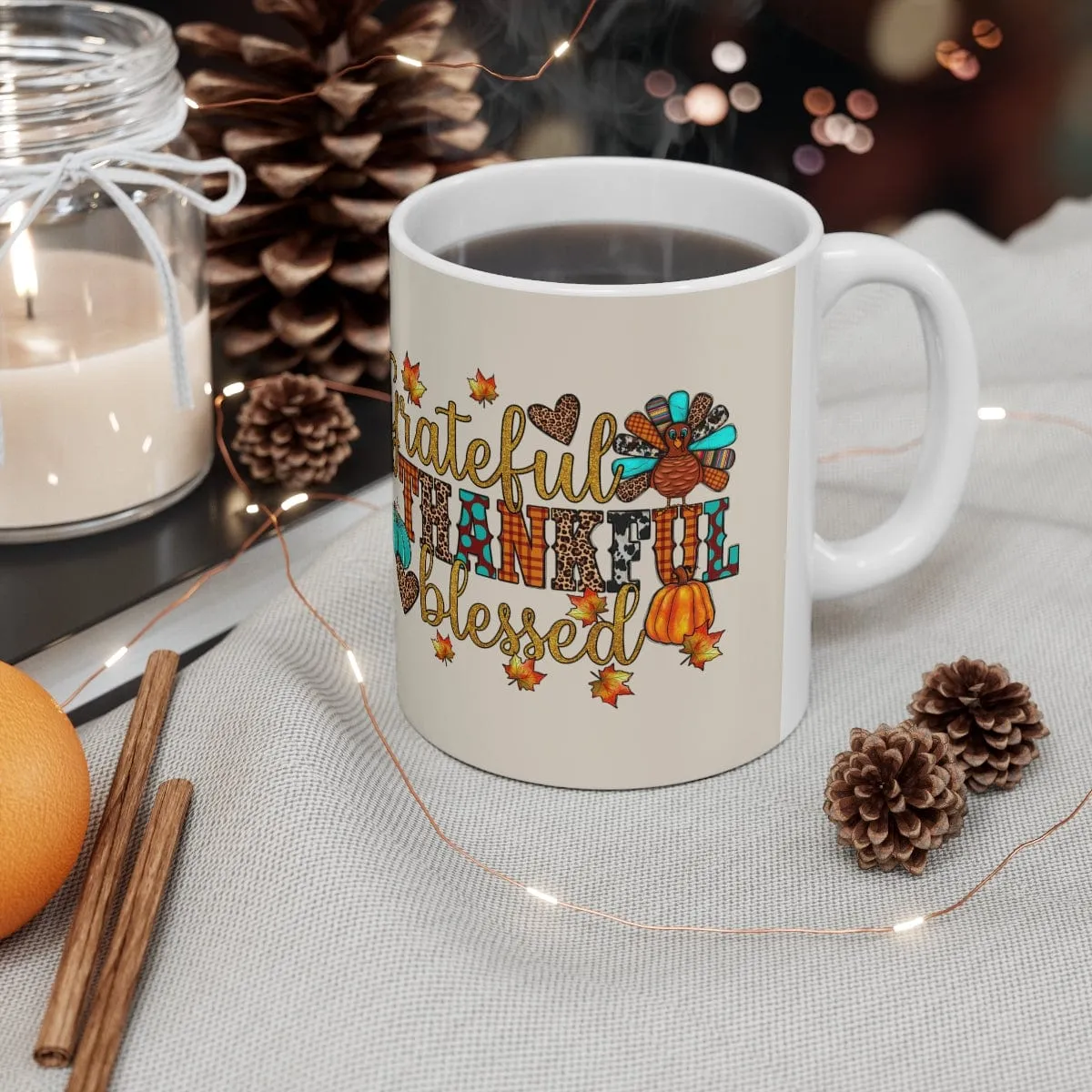 Grateful Thankful Blessed Turkey Mug - Christian Mug - Bible Verse Mugs - Scripture Mugs