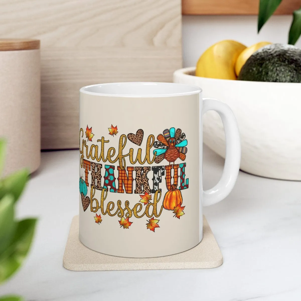 Grateful Thankful Blessed Turkey Mug - Christian Mug - Bible Verse Mugs - Scripture Mugs