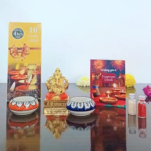 Happy Diwali Gift Combo Hamper | Golden Intricate Ganesha Idol with Rolli Chawal | 2 Ceramic Tea Light Holder | Set of 10 Scented Candles | Festive Greeting Card