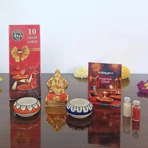 Happy Diwali Gift Combo Hamper | Golden Intricate Ganesha Idol with Rolli Chawal | 2 Ceramic Tea Light Holder | Set of 10 Scented Candles | Festive Greeting Card