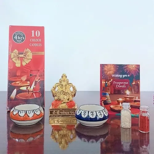 Happy Diwali Gift Combo Hamper | Golden Intricate Ganesha Idol with Rolli Chawal | 2 Ceramic Tea Light Holder | Set of 10 Scented Candles | Festive Greeting Card