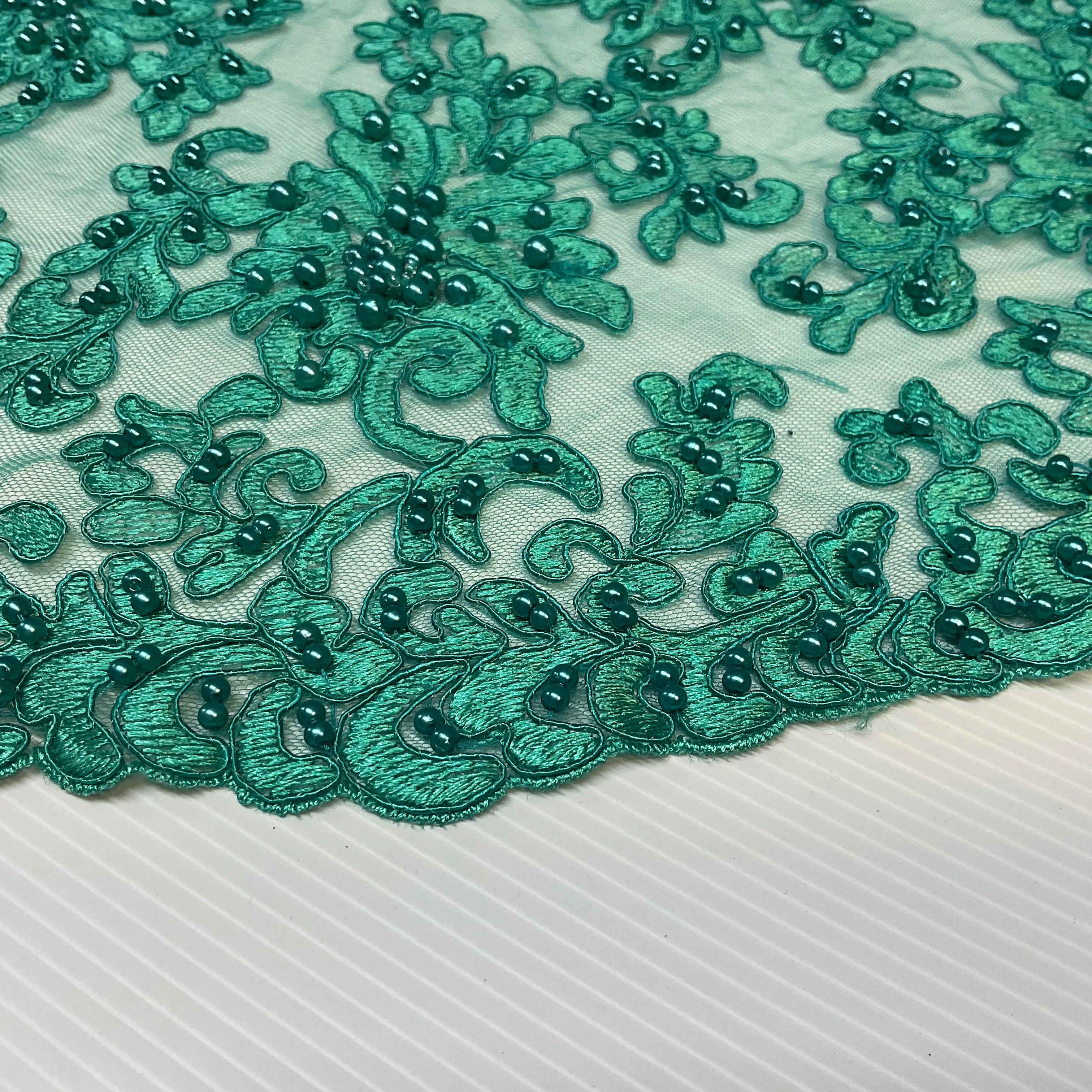 Jade green corded embroidery lace with jade faux pearls - Double scalloped border Fabric -M1400-33