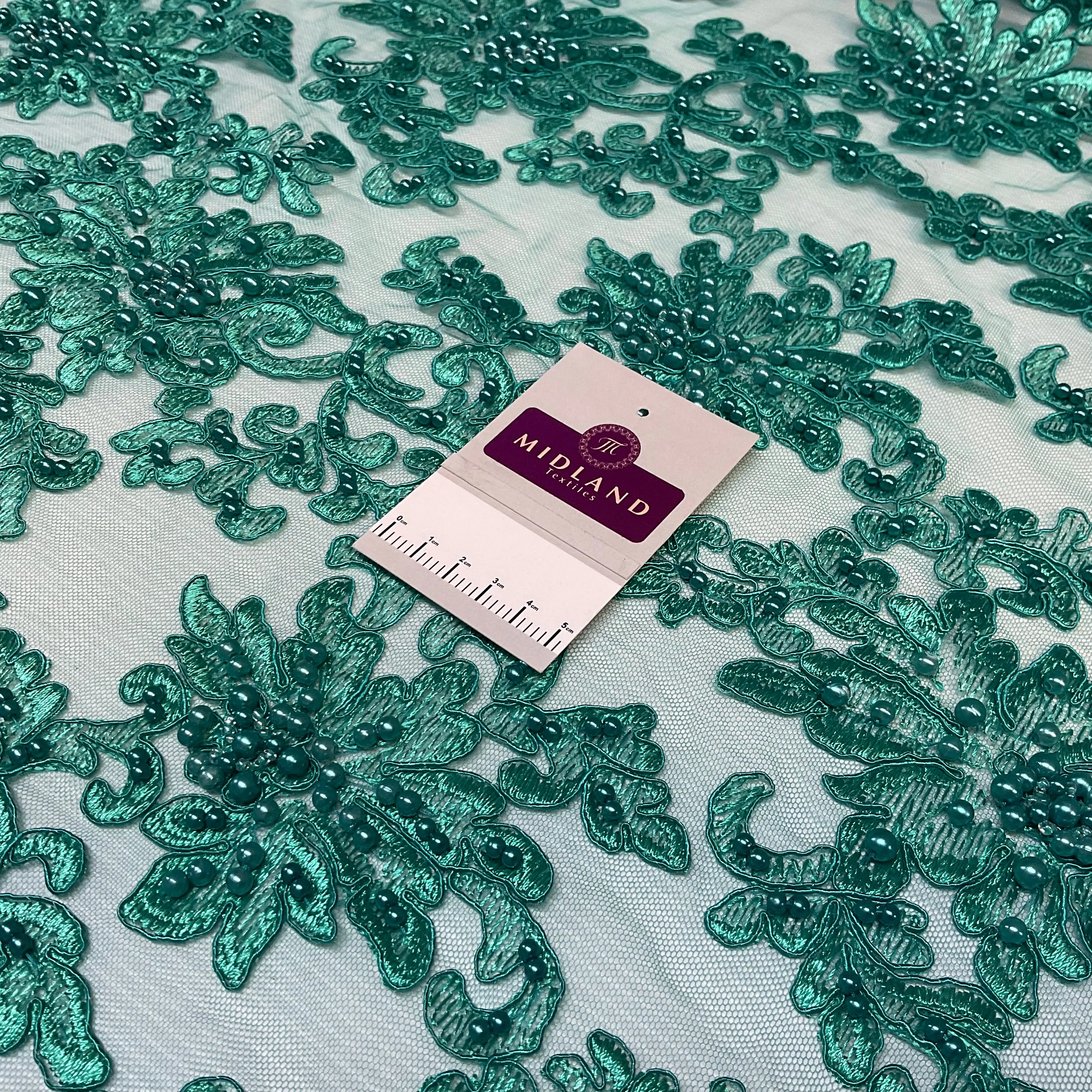 Jade green corded embroidery lace with jade faux pearls - Double scalloped border Fabric -M1400-33