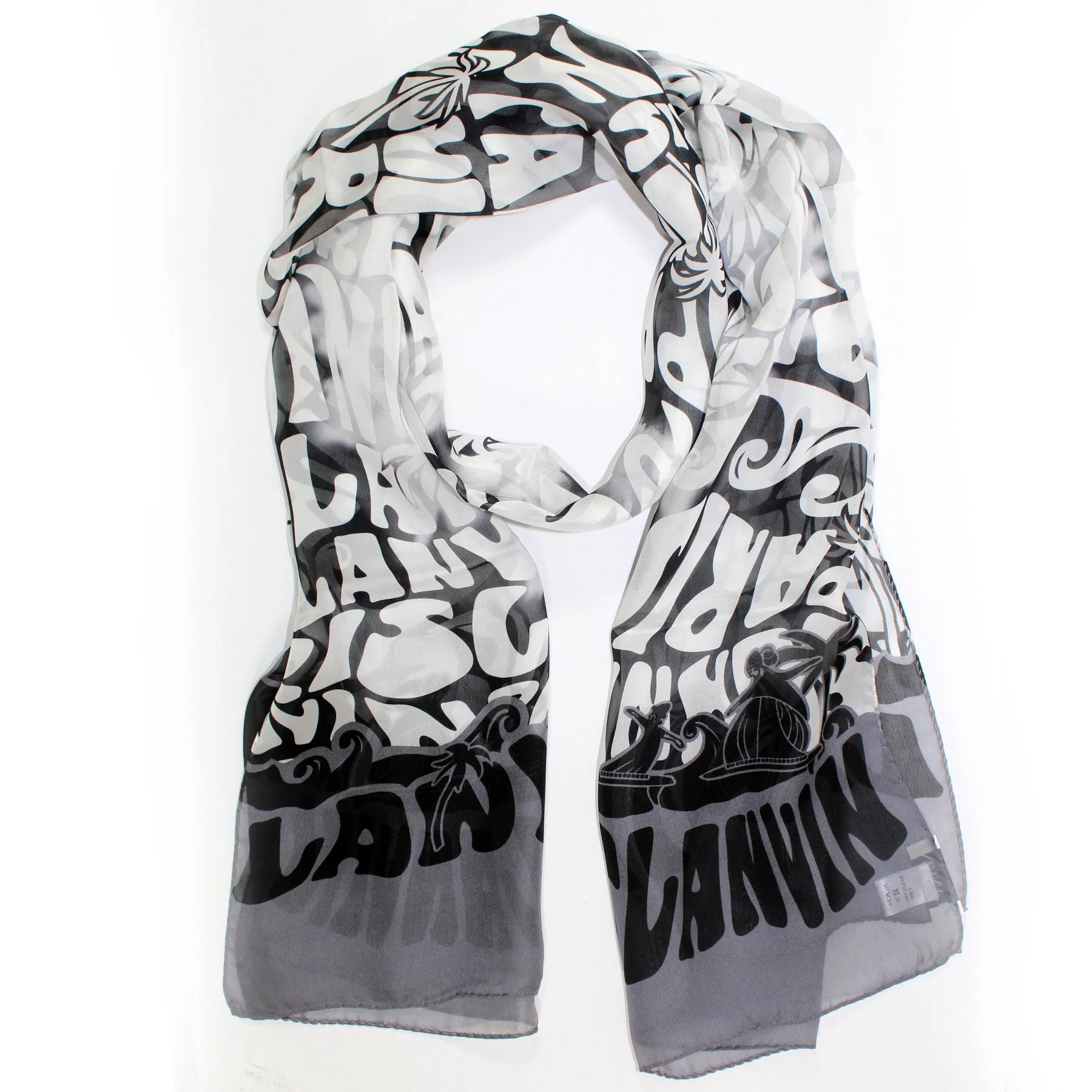 Lanvin Scarf Black Logo Island Design - Chiffon Silk Shawl FINAL SALE