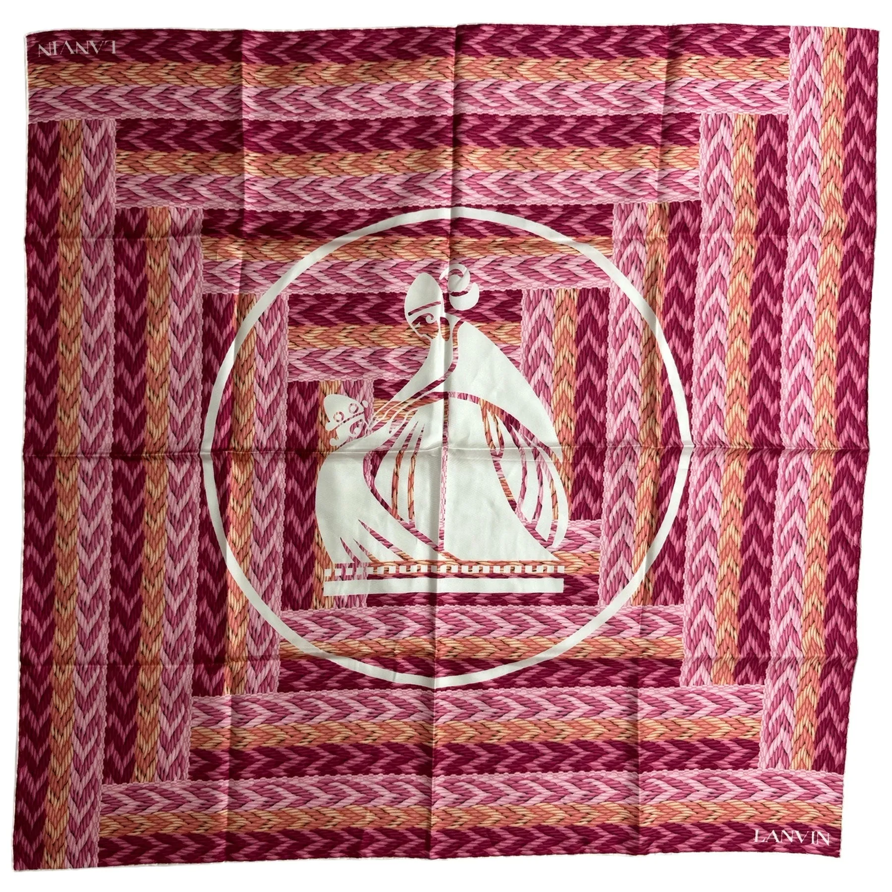 Lanvin Scarf Pink Orange Herringbone Design - Twill Silk Scarf