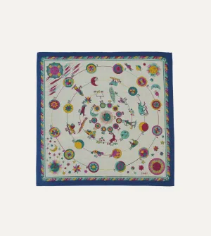 Navy and White Zodiac Print Wool-Silk Bandana