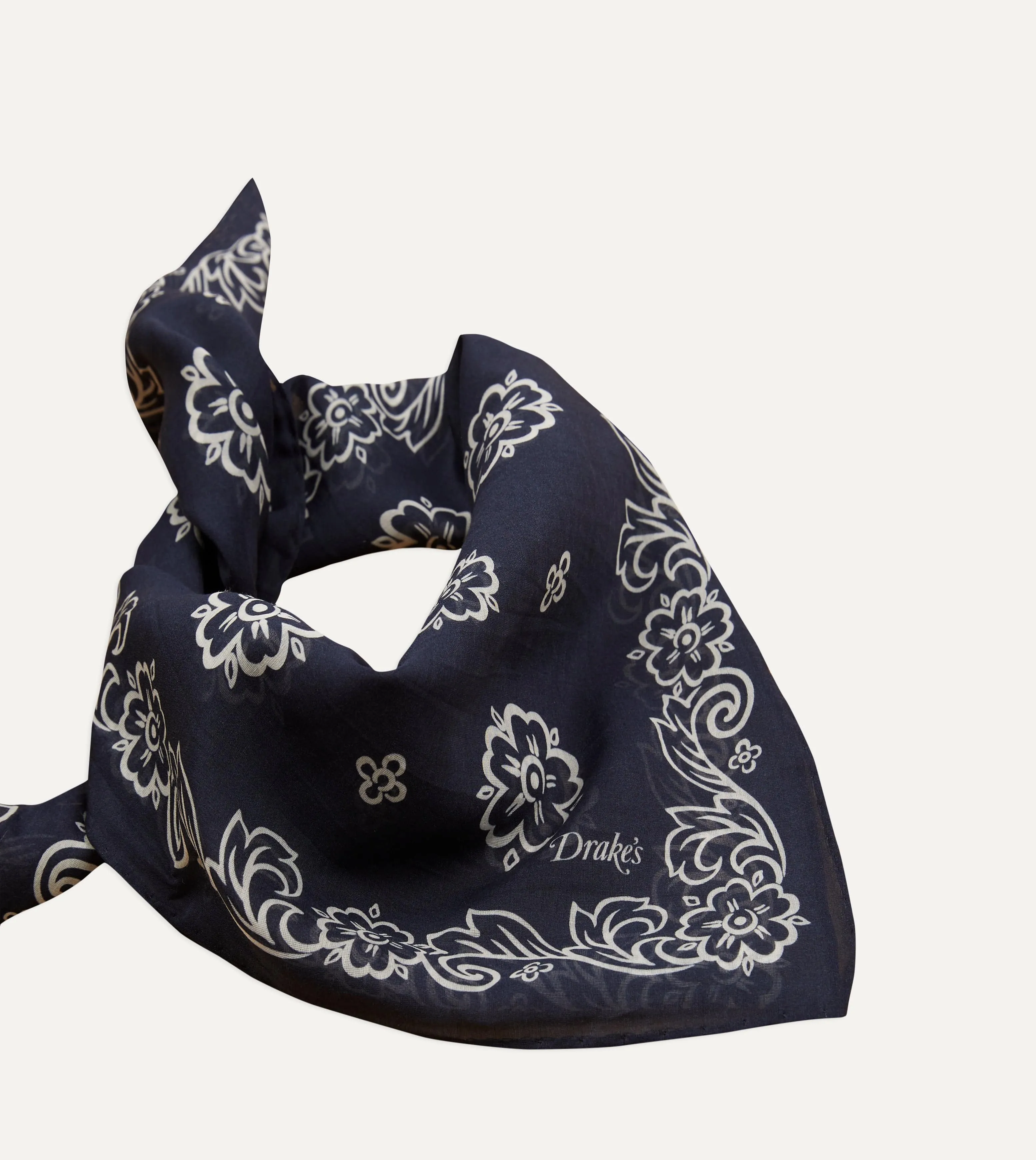 Navy Flower Print Silk-Cotton Bandana