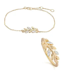 O Leaf Diamant Armband  & Ring Satz in 9ct Gelb Gold