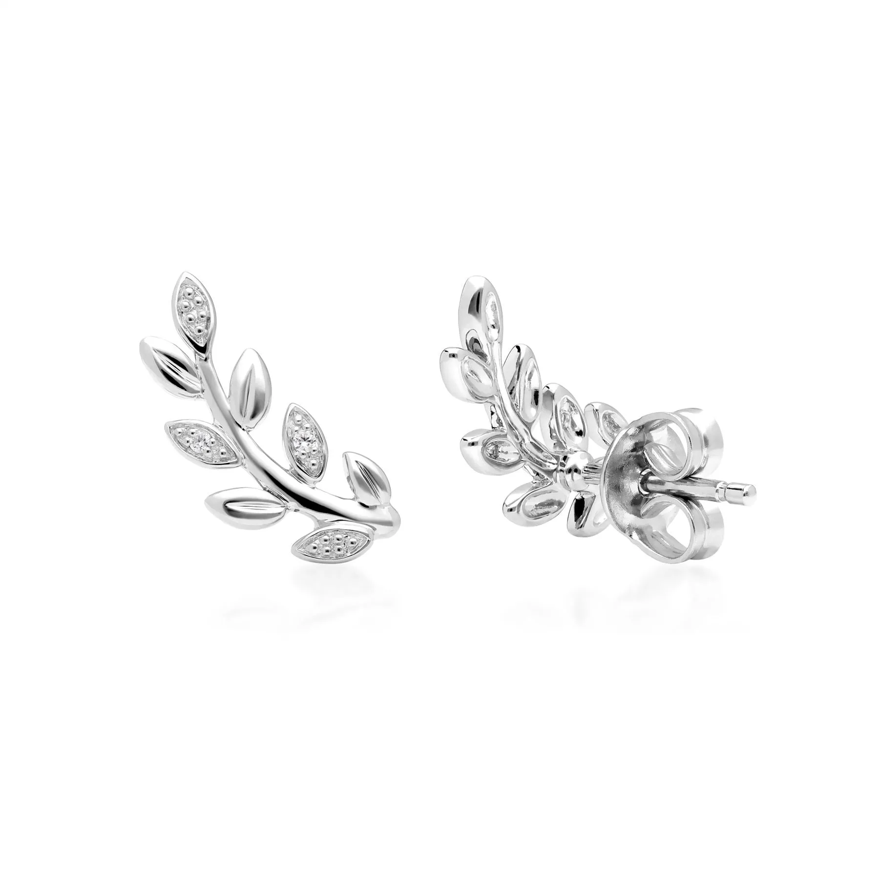 O Leaf Diamond Pave Stud Earrings in 9ct White Gold